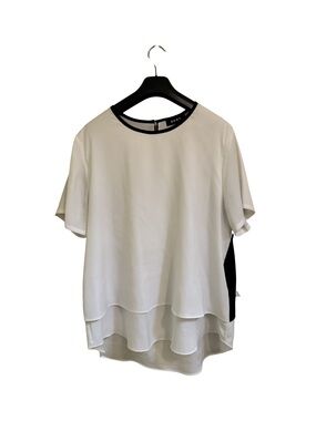 DKNY White Short-Sleeve Layered Blouse with Black Neckline Trim